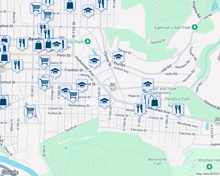 map of restaurants, bars, coffee shops, grocery stores, and more near 1340 Mineral Spring Road in Reading