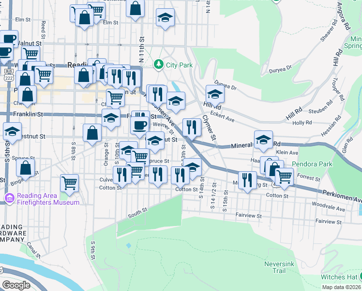 map of restaurants, bars, coffee shops, grocery stores, and more near 1265 Perkiomen Avenue in Reading