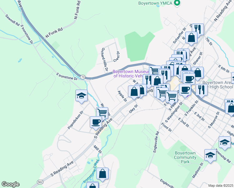 map of restaurants, bars, coffee shops, grocery stores, and more near 46 Apple Street in Boyertown