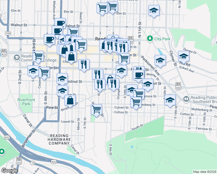 map of restaurants, bars, coffee shops, grocery stores, and more near 828 Chestnut Street in Reading