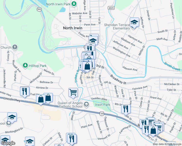 map of restaurants, bars, coffee shops, grocery stores, and more near 327 Main Street in Irwin