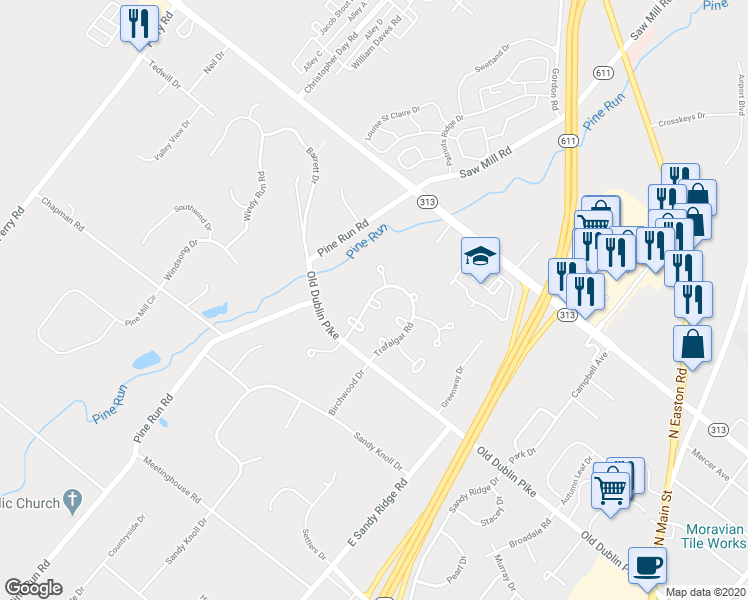 map of restaurants, bars, coffee shops, grocery stores, and more near 2 Piccadilly Circle in Doylestown