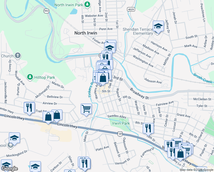 map of restaurants, bars, coffee shops, grocery stores, and more near 4TH Rural Lane in Irwin