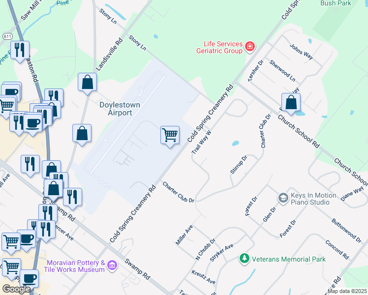 map of restaurants, bars, coffee shops, grocery stores, and more near 3900 Cold Spring Creamery Road in Doylestown