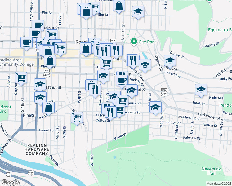 map of restaurants, bars, coffee shops, grocery stores, and more near 211 Maple Street in Reading