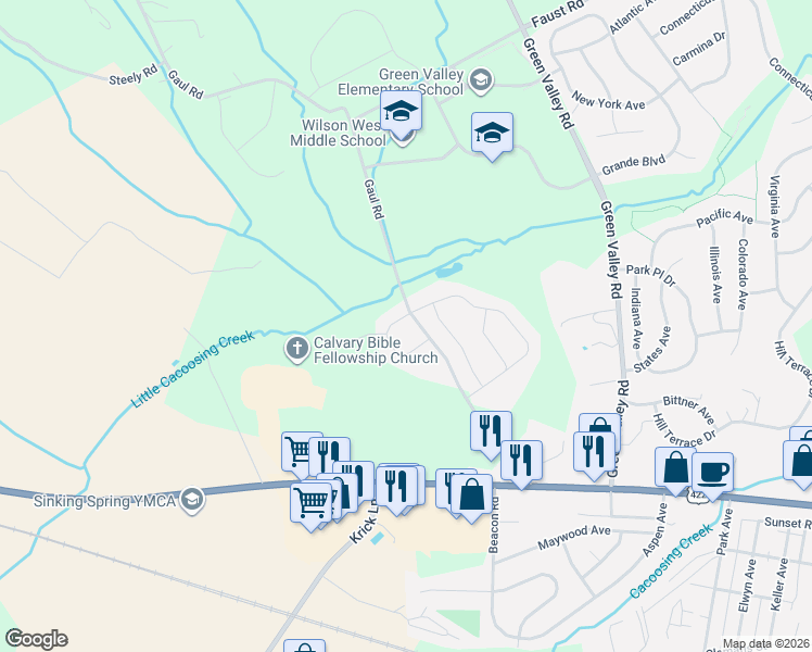 map of restaurants, bars, coffee shops, grocery stores, and more near 129 Stella Drive in Reading