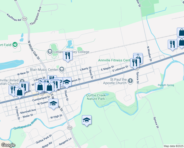 map of restaurants, bars, coffee shops, grocery stores, and more near 456 East Maple Street in Annville
