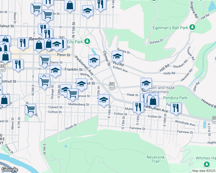 map of restaurants, bars, coffee shops, grocery stores, and more near 1338 Mineral Spring Road in Reading