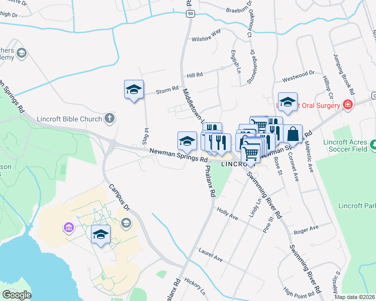 map of restaurants, bars, coffee shops, grocery stores, and more near 738 Newman Springs Road in Middletown