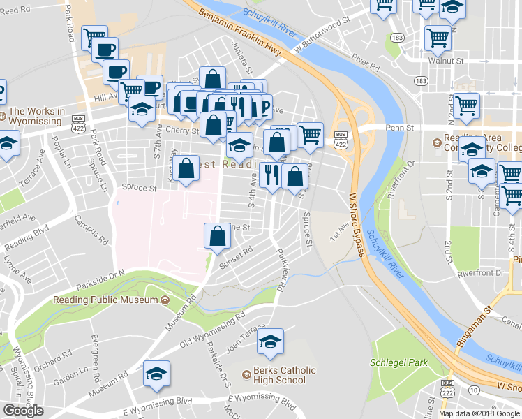 map of restaurants, bars, coffee shops, grocery stores, and more near 387 Oak Terrace in Reading