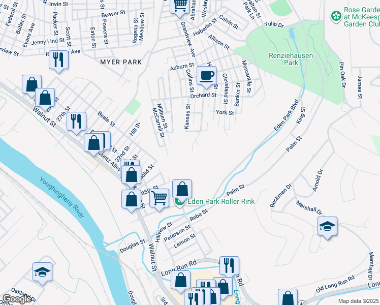 map of restaurants, bars, coffee shops, grocery stores, and more near 2920 Grandview Avenue in McKeesport