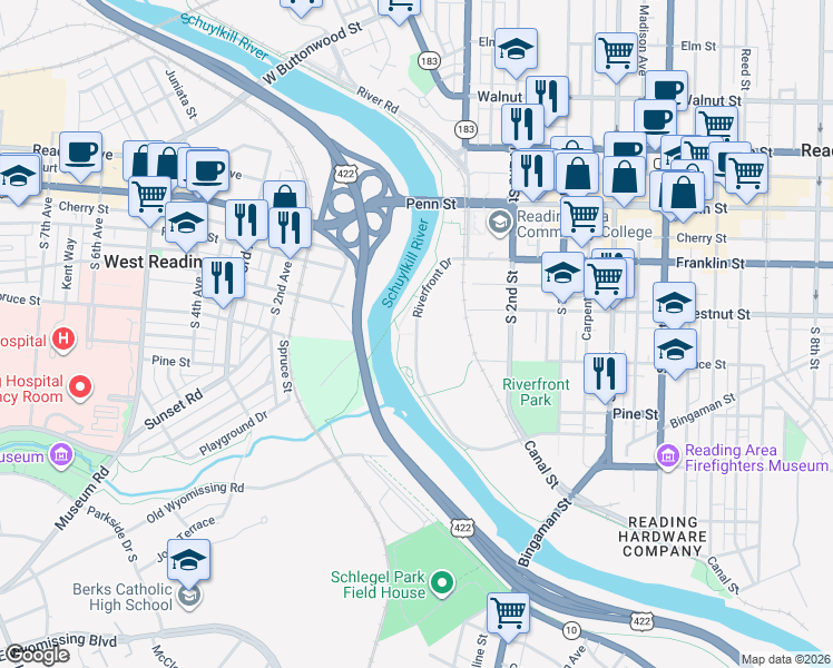 map of restaurants, bars, coffee shops, grocery stores, and more near Schuylkill River Trail in Reading