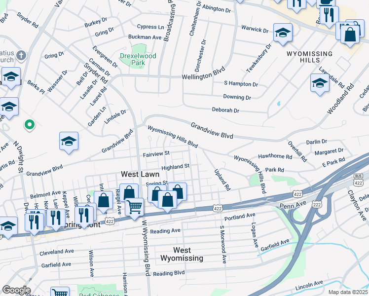 map of restaurants, bars, coffee shops, grocery stores, and more near 2111 Fairview Street in West Lawn