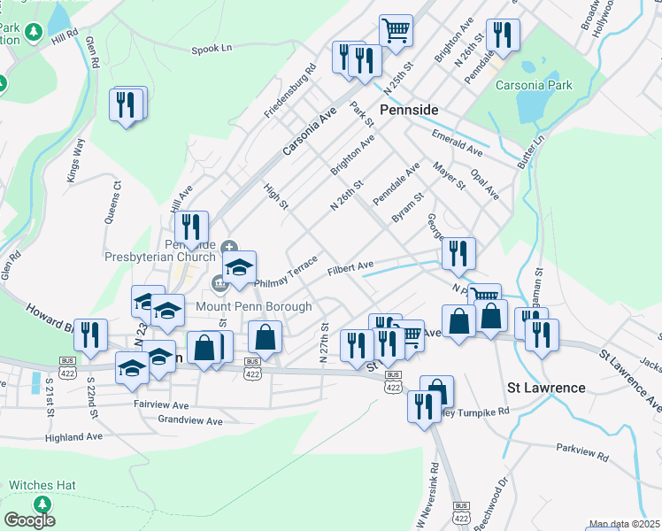 map of restaurants, bars, coffee shops, grocery stores, and more near 100 High Street in Reading