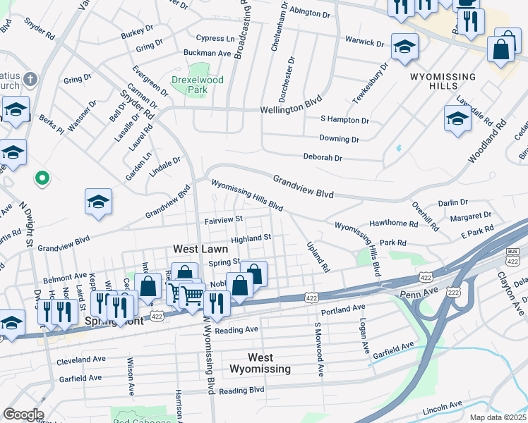 map of restaurants, bars, coffee shops, grocery stores, and more near 2111 Fairview Street in West Lawn