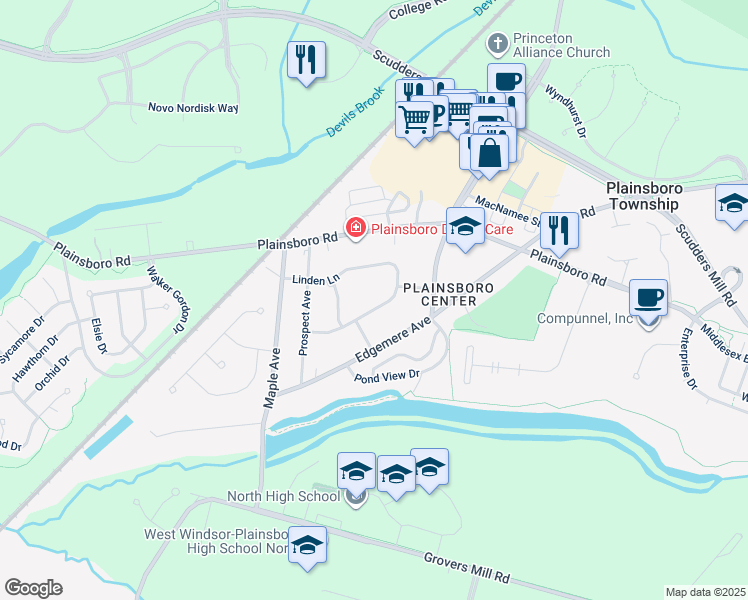 map of restaurants, bars, coffee shops, grocery stores, and more near 20 Linden Lane in Plainsboro Township
