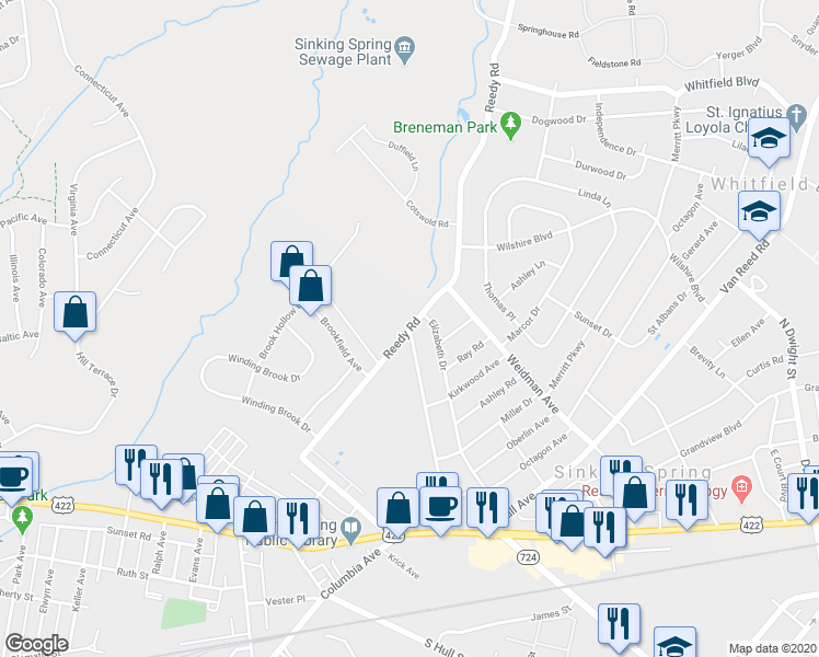 map of restaurants, bars, coffee shops, grocery stores, and more near 501 Reedy Road in Sinking Spring