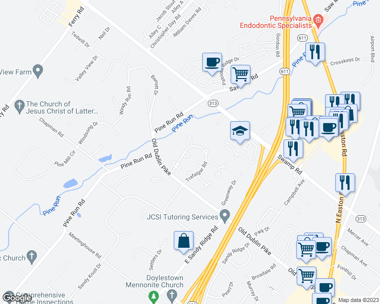 map of restaurants, bars, coffee shops, grocery stores, and more near 48 Piccadilly Circle in Doylestown