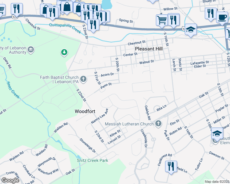 map of restaurants, bars, coffee shops, grocery stores, and more near 53 Creekside Drive in Lebanon