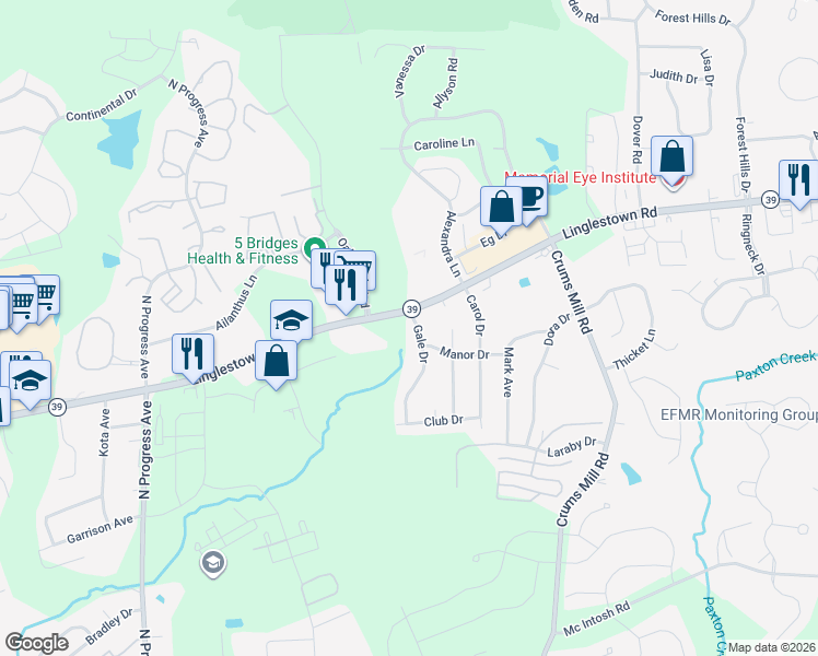 map of restaurants, bars, coffee shops, grocery stores, and more near 2199 Gale Drive in Harrisburg