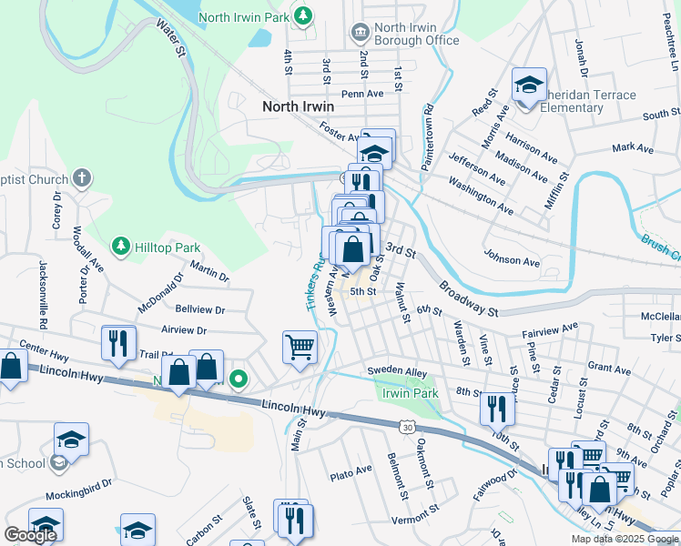 map of restaurants, bars, coffee shops, grocery stores, and more near 400 Main Street in Irwin