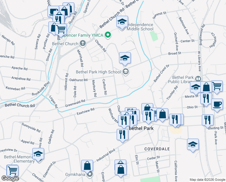 map of restaurants, bars, coffee shops, grocery stores, and more near 358 Church Road in Bethel Park
