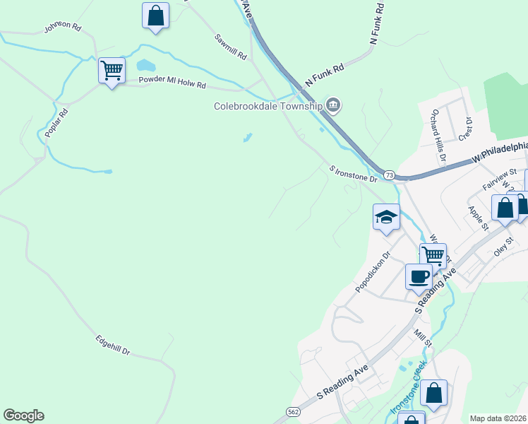 map of restaurants, bars, coffee shops, grocery stores, and more near 116 Pheasant Run Road in Boyertown