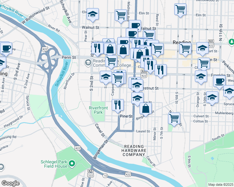 map of restaurants, bars, coffee shops, grocery stores, and more near 222 South 4th Street in Reading