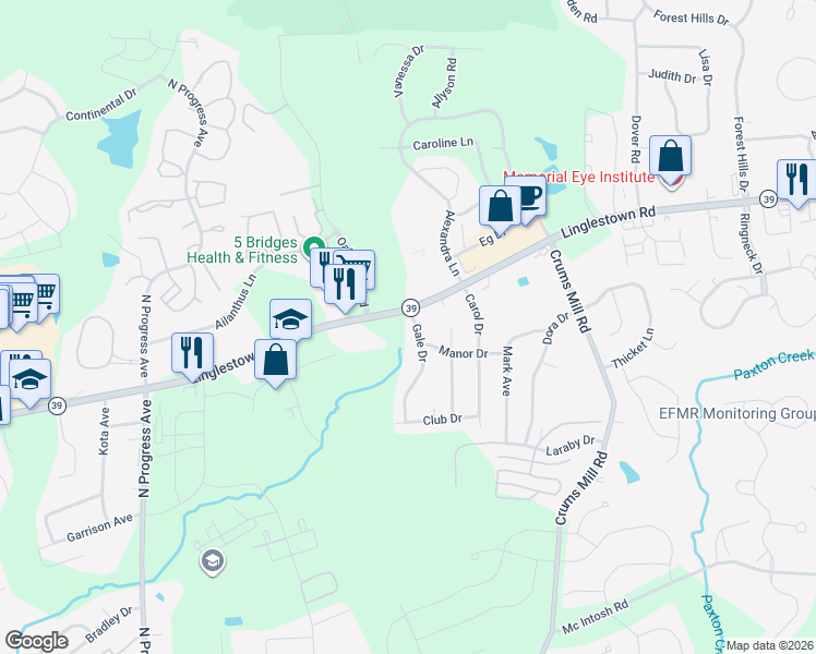 map of restaurants, bars, coffee shops, grocery stores, and more near 2199 Gale Drive in Harrisburg