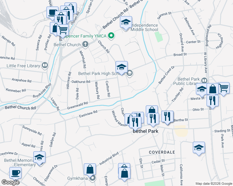 map of restaurants, bars, coffee shops, grocery stores, and more near 358 Church Road in Bethel Park