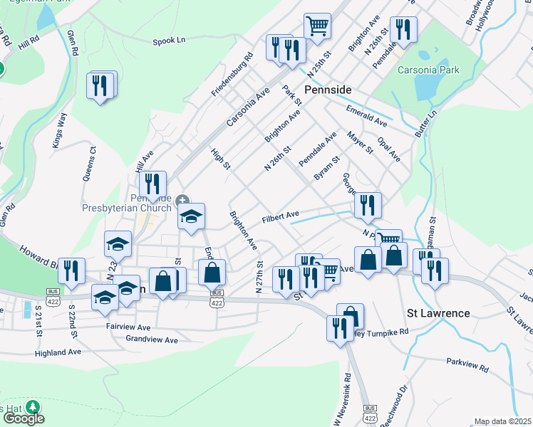 map of restaurants, bars, coffee shops, grocery stores, and more near 100 High Street in Reading