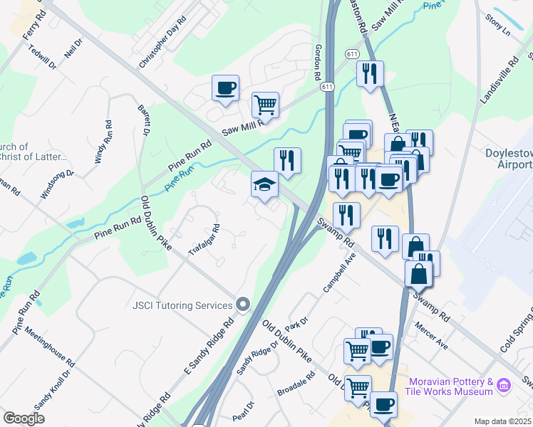 map of restaurants, bars, coffee shops, grocery stores, and more near 252 West Swamp Road in Doylestown