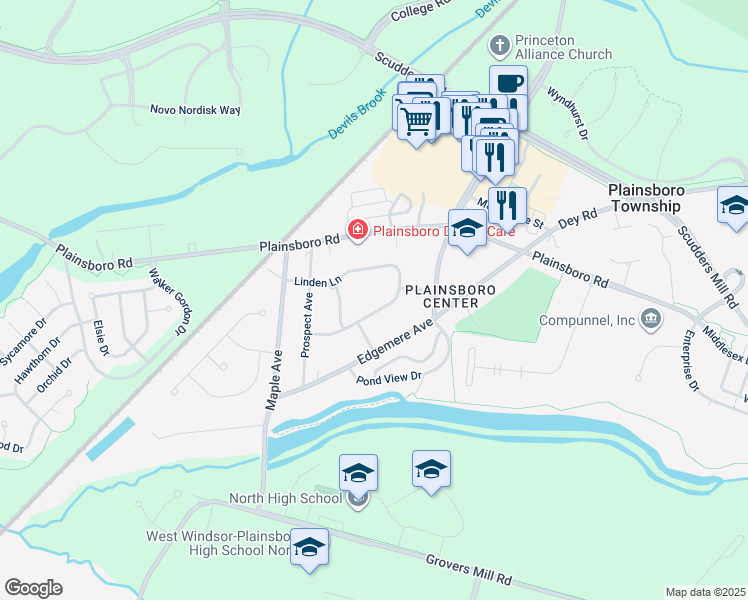 map of restaurants, bars, coffee shops, grocery stores, and more near 20 Linden Lane in Plainsboro Township