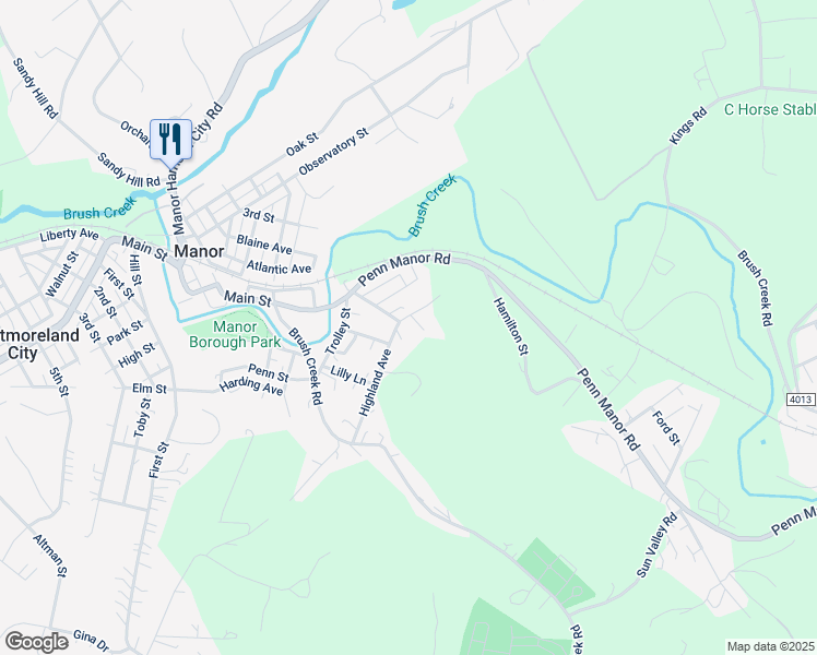 map of restaurants, bars, coffee shops, grocery stores, and more near 5531 Highland Avenue in Manor
