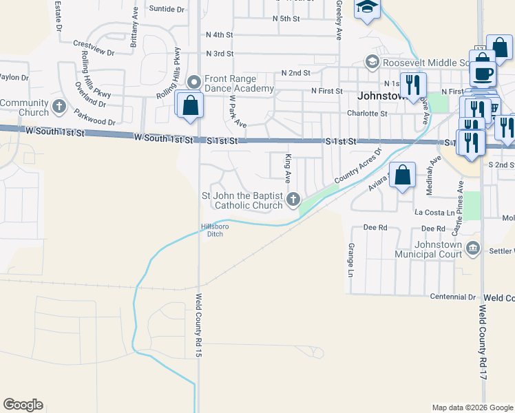map of restaurants, bars, coffee shops, grocery stores, and more near 1110 Country Acres Drive in Johnstown
