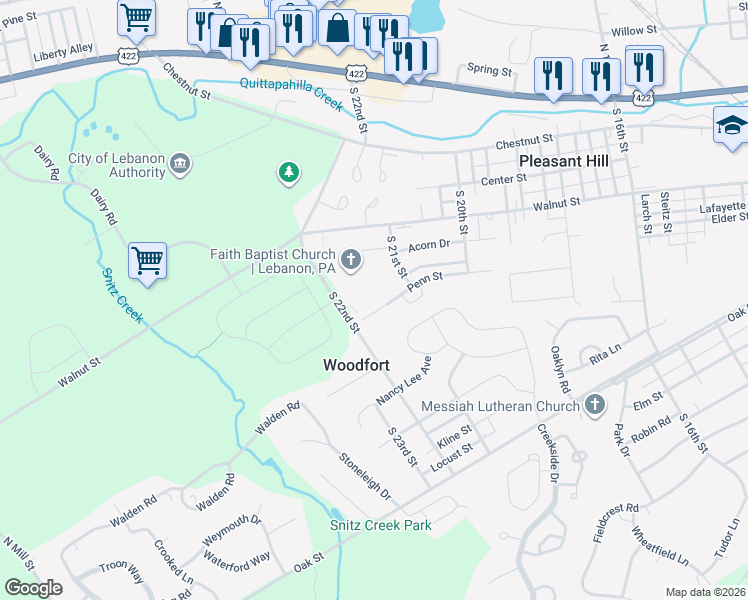 map of restaurants, bars, coffee shops, grocery stores, and more near 220 South 22nd Street in Lebanon