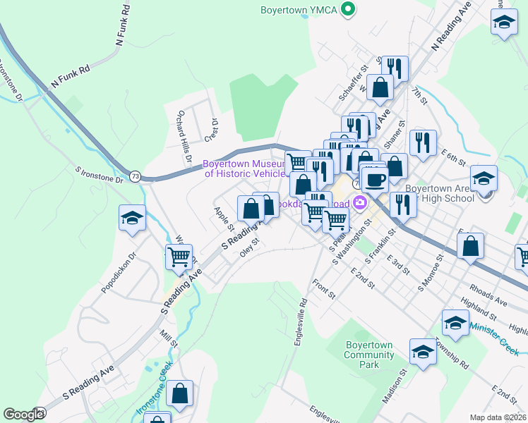 map of restaurants, bars, coffee shops, grocery stores, and more near 213 South Reading Avenue in Boyertown