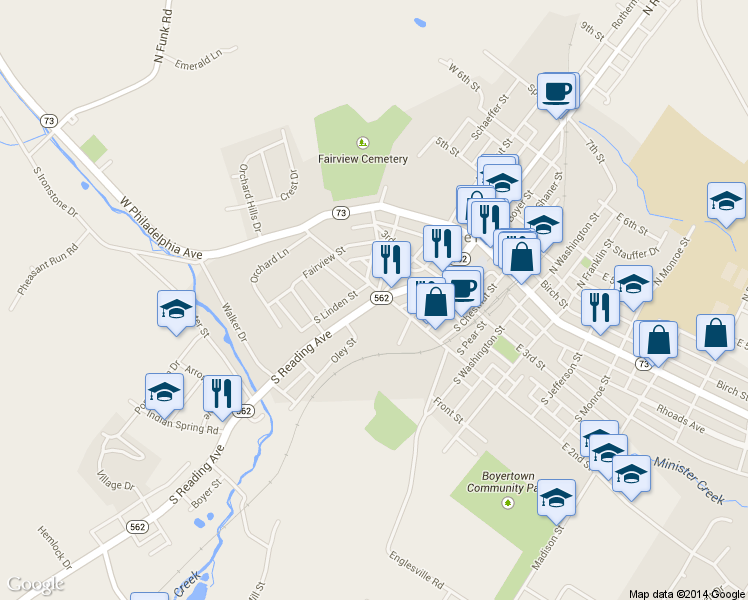 map of restaurants, bars, coffee shops, grocery stores, and more near 213 S Reading Ave in Boyertown