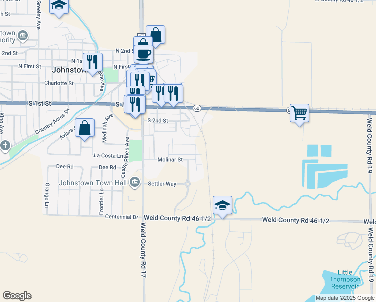 map of restaurants, bars, coffee shops, grocery stores, and more near 100 South 2nd Street in Johnstown