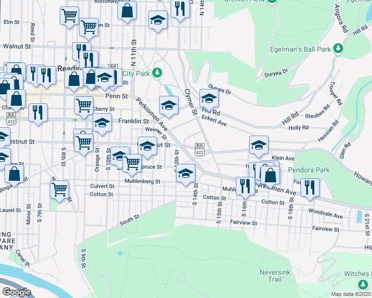 map of restaurants, bars, coffee shops, grocery stores, and more near 1311 Perkiomen Avenue in Reading