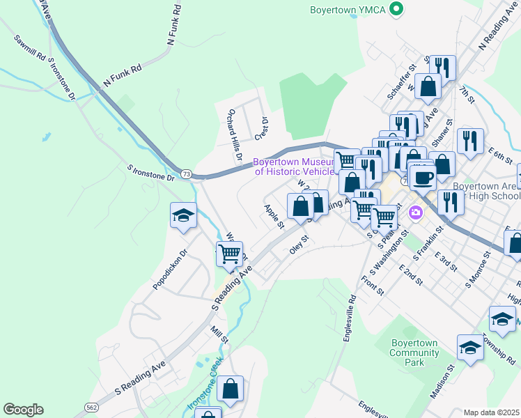 map of restaurants, bars, coffee shops, grocery stores, and more near 46 Apple Street in Boyertown