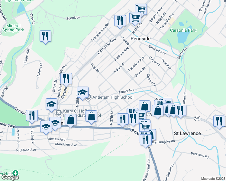 map of restaurants, bars, coffee shops, grocery stores, and more near 102 High Street in Mount Penn