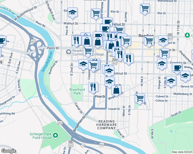map of restaurants, bars, coffee shops, grocery stores, and more near 222 South 4th Street in Reading