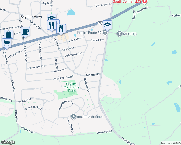 map of restaurants, bars, coffee shops, grocery stores, and more near 7925 Manor Drive in Harrisburg