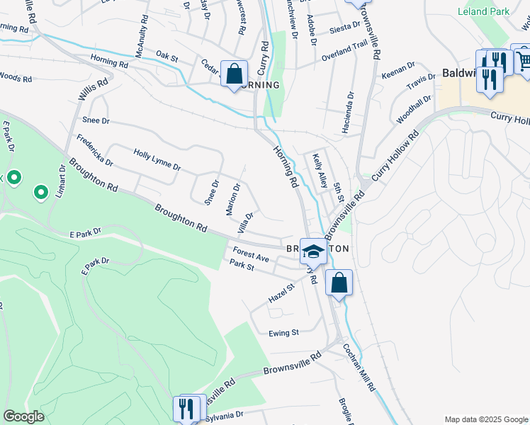 map of restaurants, bars, coffee shops, grocery stores, and more near 1135 Greenwood Drive in Pittsburgh