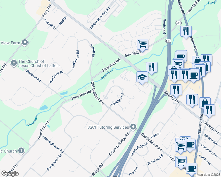 map of restaurants, bars, coffee shops, grocery stores, and more near 39 Trafalgar Rd in Doylestown