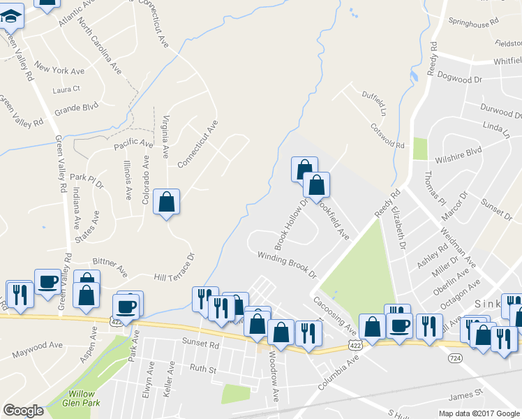 map of restaurants, bars, coffee shops, grocery stores, and more near 10 Brook Hollow Drive in Sinking Spring