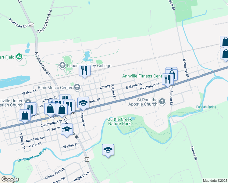 map of restaurants, bars, coffee shops, grocery stores, and more near 456 East Maple Street in Annville
