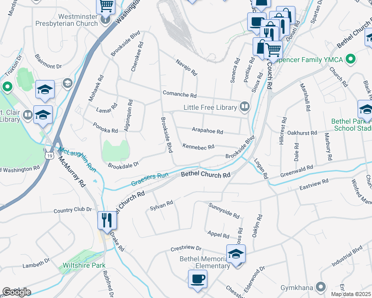 map of restaurants, bars, coffee shops, grocery stores, and more near 3233 Kennebec Road in Pittsburgh