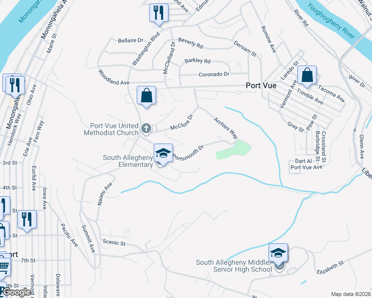 map of restaurants, bars, coffee shops, grocery stores, and more near 110 June Drive in McKeesport